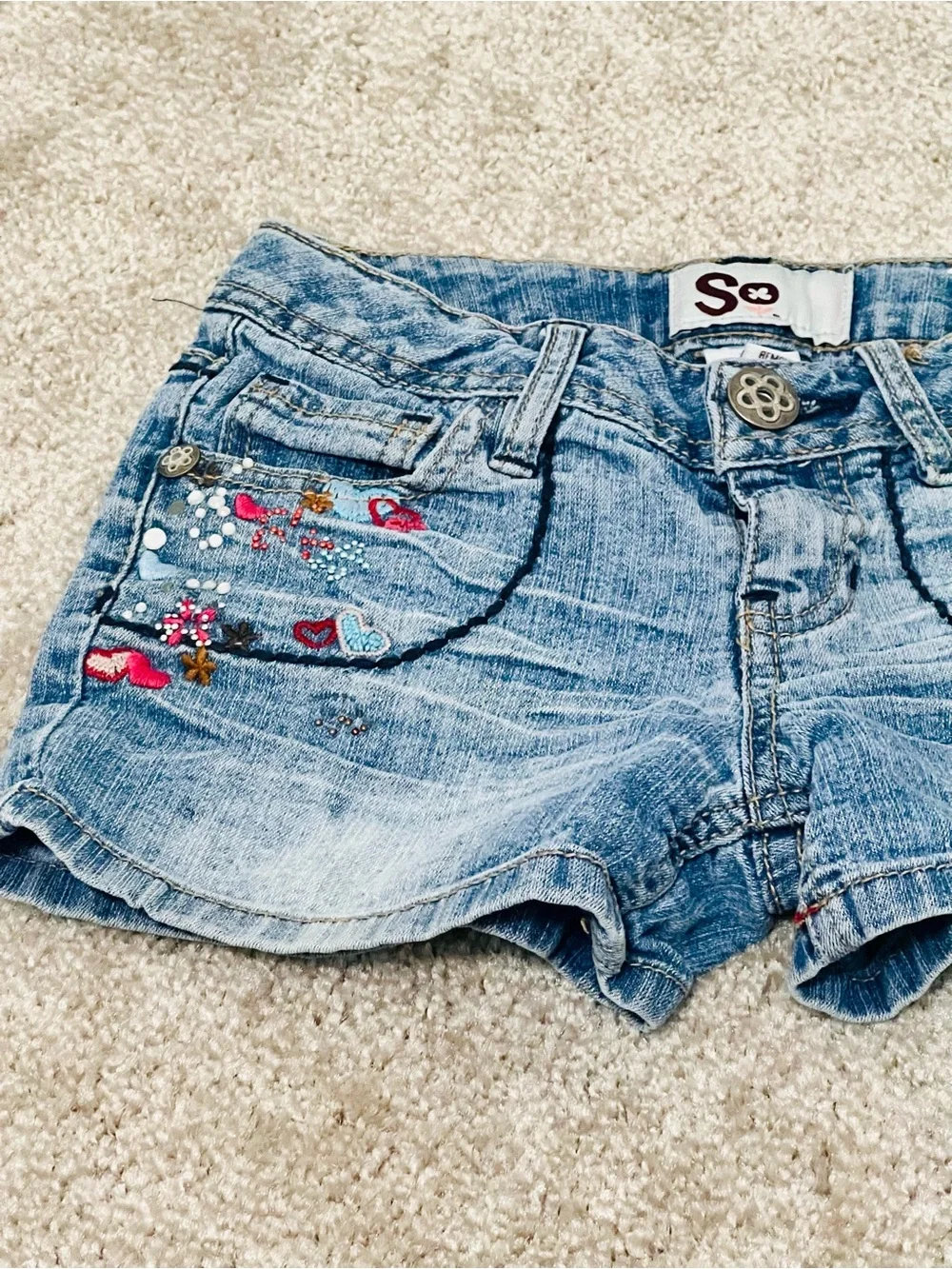 Girls' Light Blue Denim Shorts with Embroidered Hearts